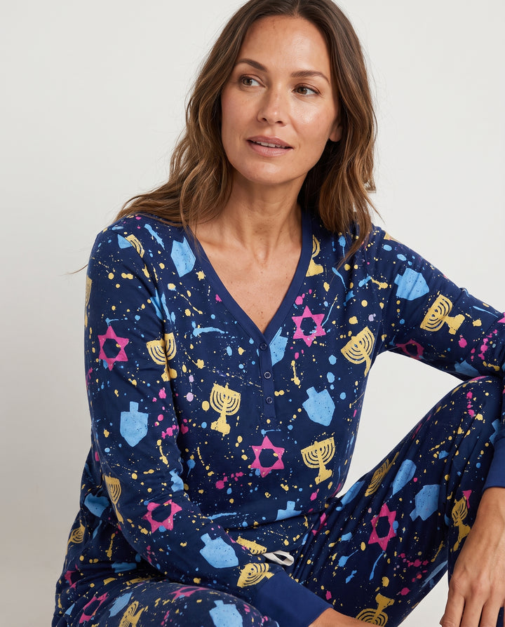 Colorful Hanukkah Menorah and Star of David Bamboo Women Pajama Set