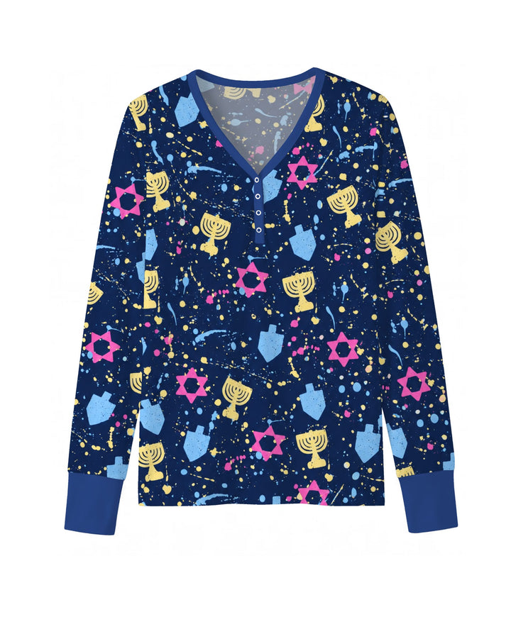 Colorful Hanukkah Menorah and Star of David Bamboo Women Pajama Set