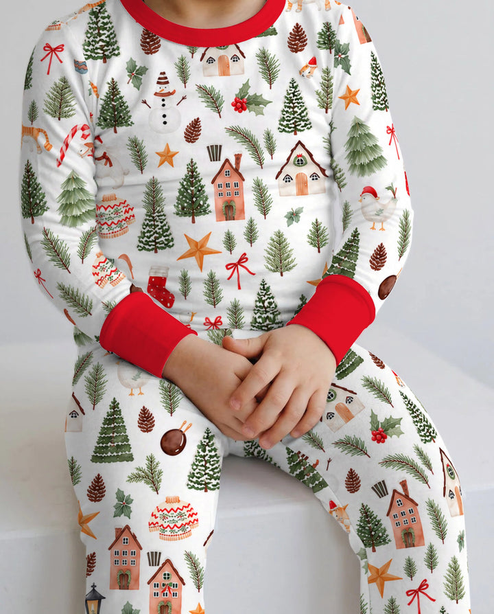 Whimsical Watercolor Christmas Village Bamboo Two Piece Long Sleeve Pajama Set