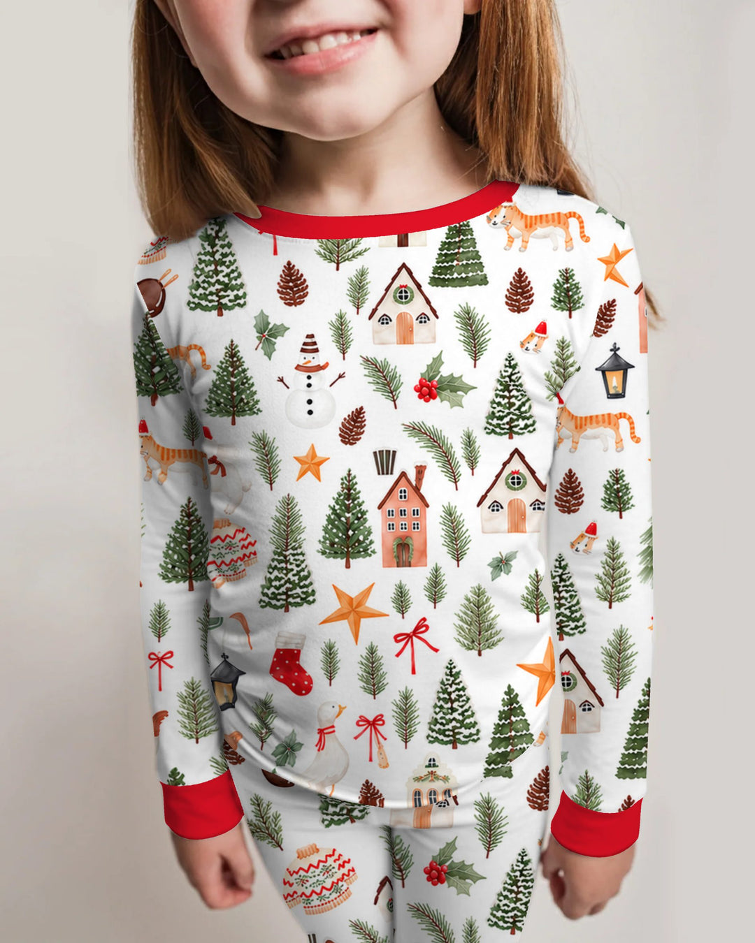 Whimsical Watercolor Christmas Village Bamboo Two Piece Long Sleeve Pajama Set