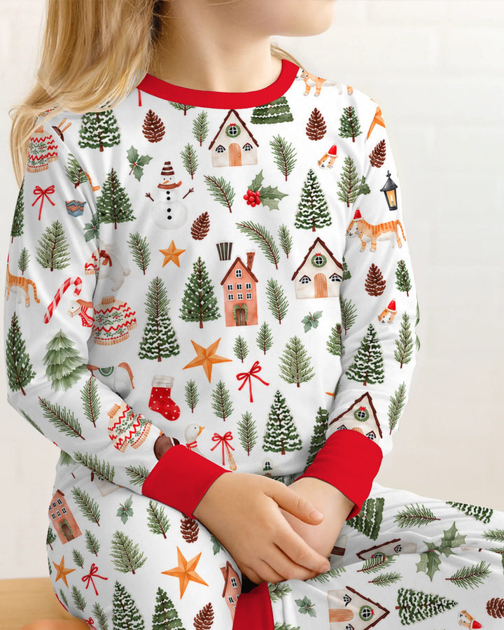 Whimsical Watercolor Christmas Village Bamboo Two Piece Long Sleeve Pajama Set