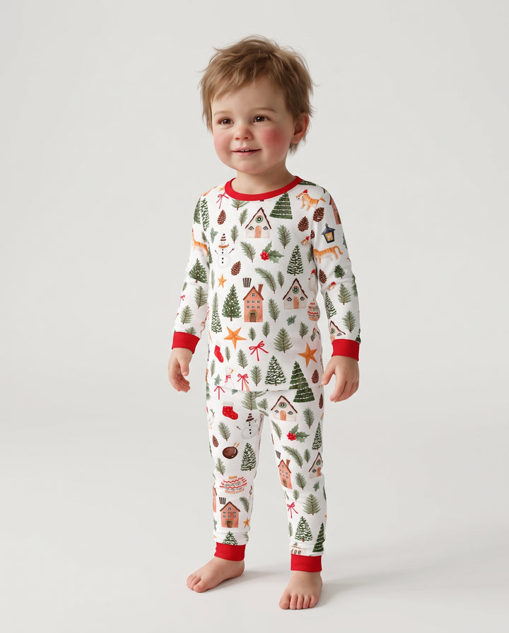 Whimsical Watercolor Christmas Village Bamboo Two Piece Long Sleeve Pajama Set