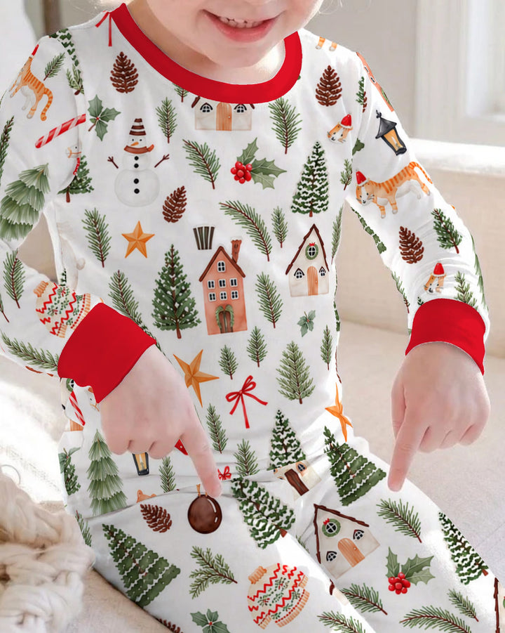 Whimsical Watercolor Christmas Village Bamboo Two Piece Long Sleeve Pajama Set