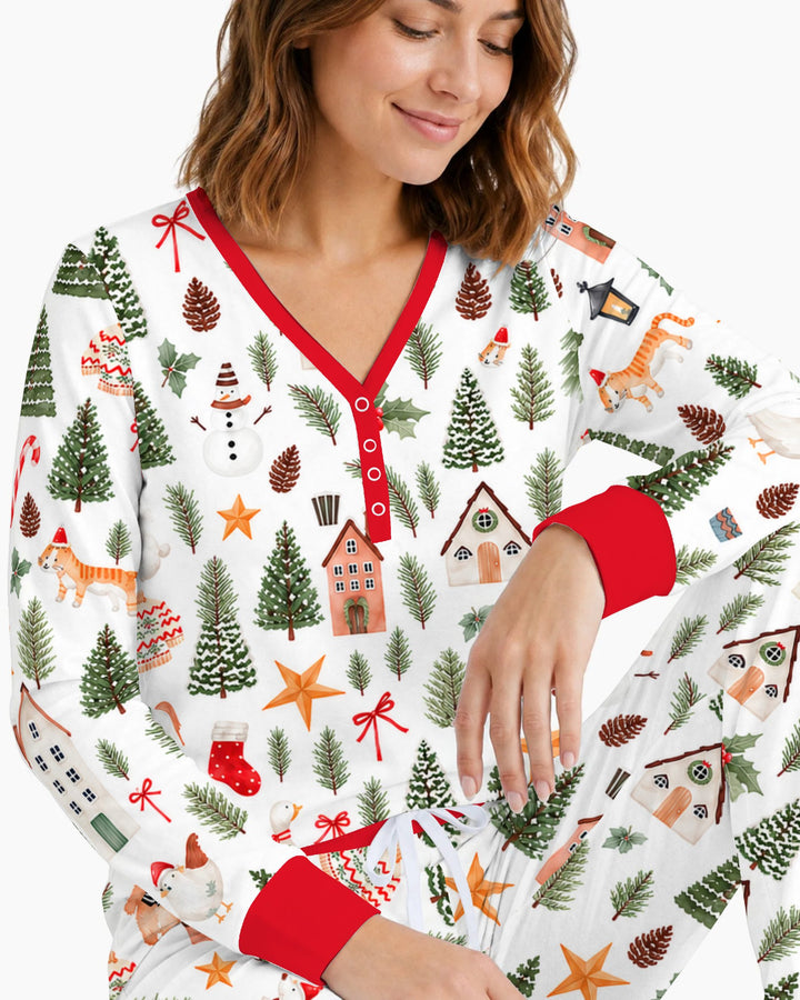 Whimsical Watercolor Christmas Village Bamboo Women Pajama Set