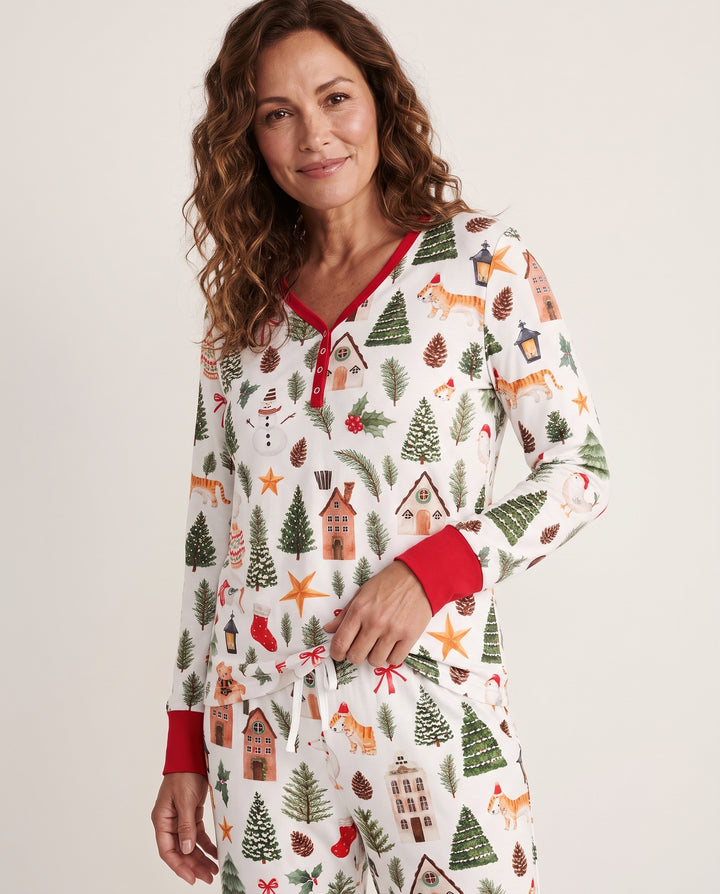 Whimsical Watercolor Christmas Village Bamboo Women Pajama Set