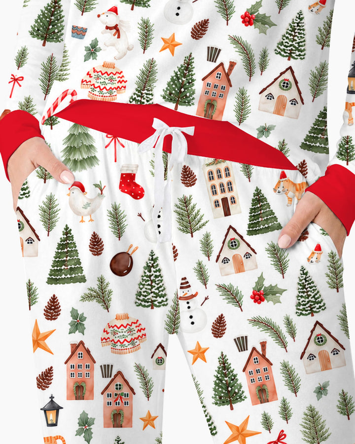 Whimsical Watercolor Christmas Village Bamboo Women Pajama Set
