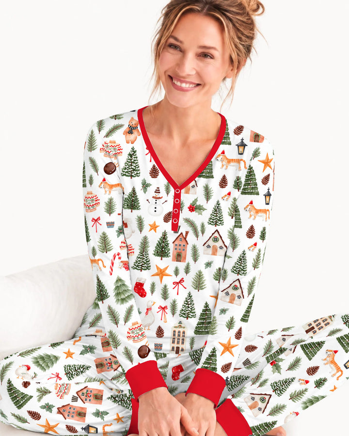 Whimsical Watercolor Christmas Village Bamboo Women Pajama Set