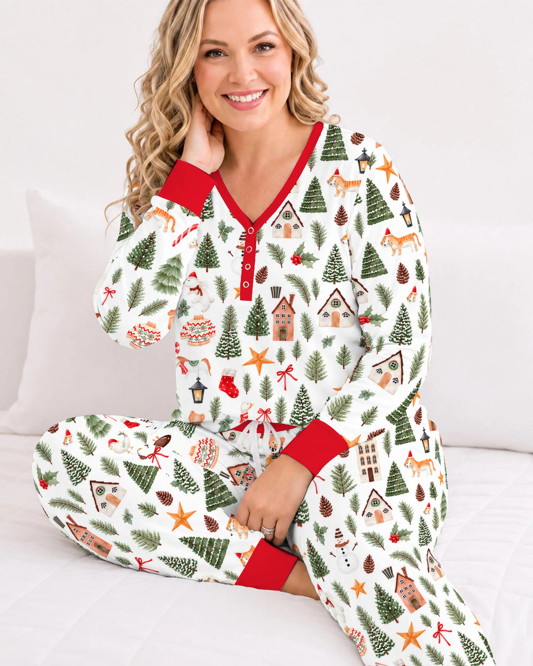 Whimsical Watercolor Christmas Village Bamboo Women Pajama Set