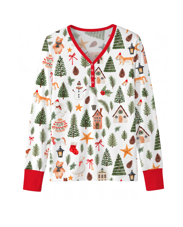 Whimsical Watercolor Christmas Village Bamboo Women Pajama Set