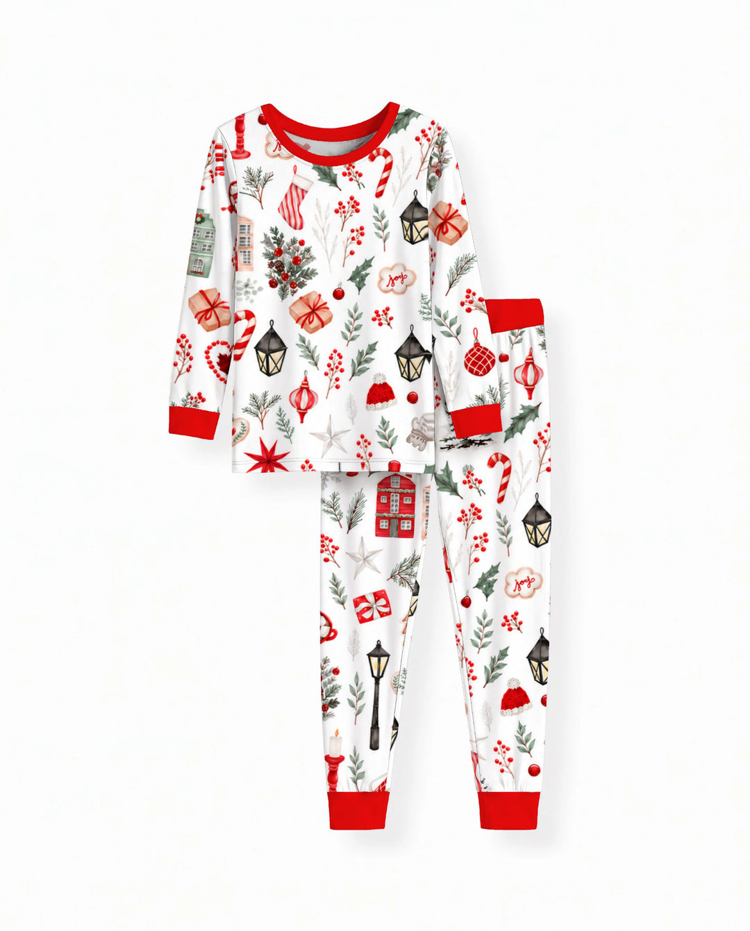 Traditional Watercolor Christmas Decorations Bamboo Two Piece Long Sleeve Pajama Set