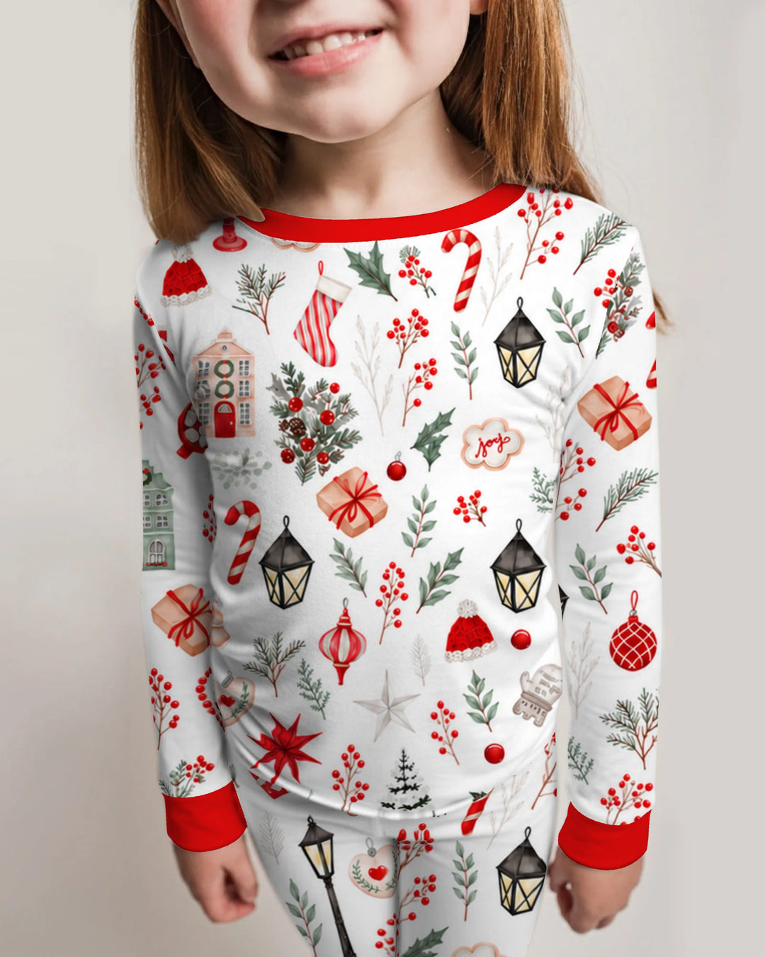 Traditional Watercolor Christmas Decorations Bamboo Two Piece Long Sleeve Pajama Set