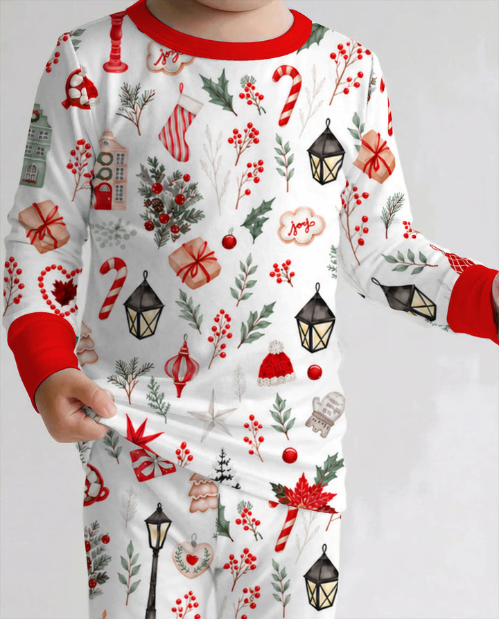 Traditional Watercolor Christmas Decorations Bamboo Two Piece Long Sleeve Pajama Set