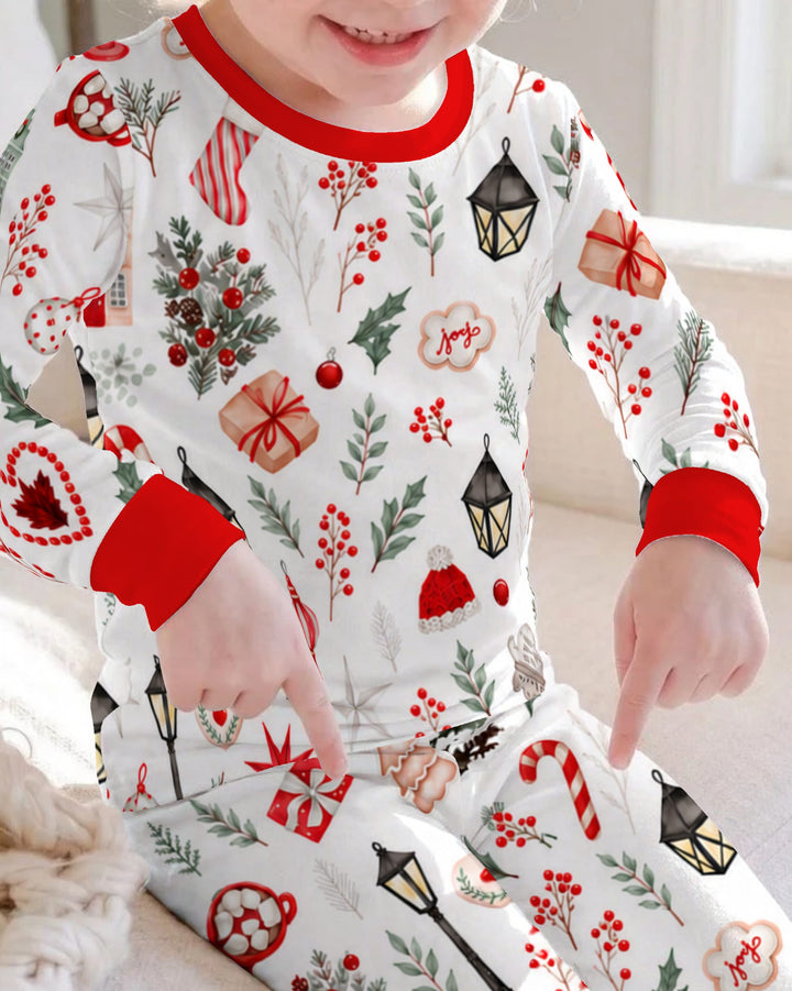 Traditional Watercolor Christmas Decorations Bamboo Two Piece Long Sleeve Pajama Set