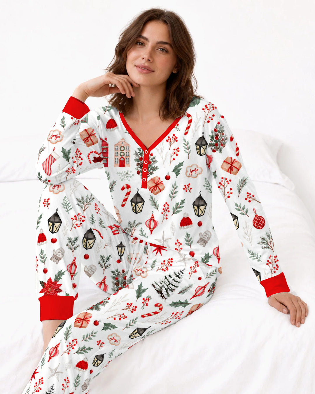 Traditional Watercolor Christmas Decorations Bamboo Women Pajama Set