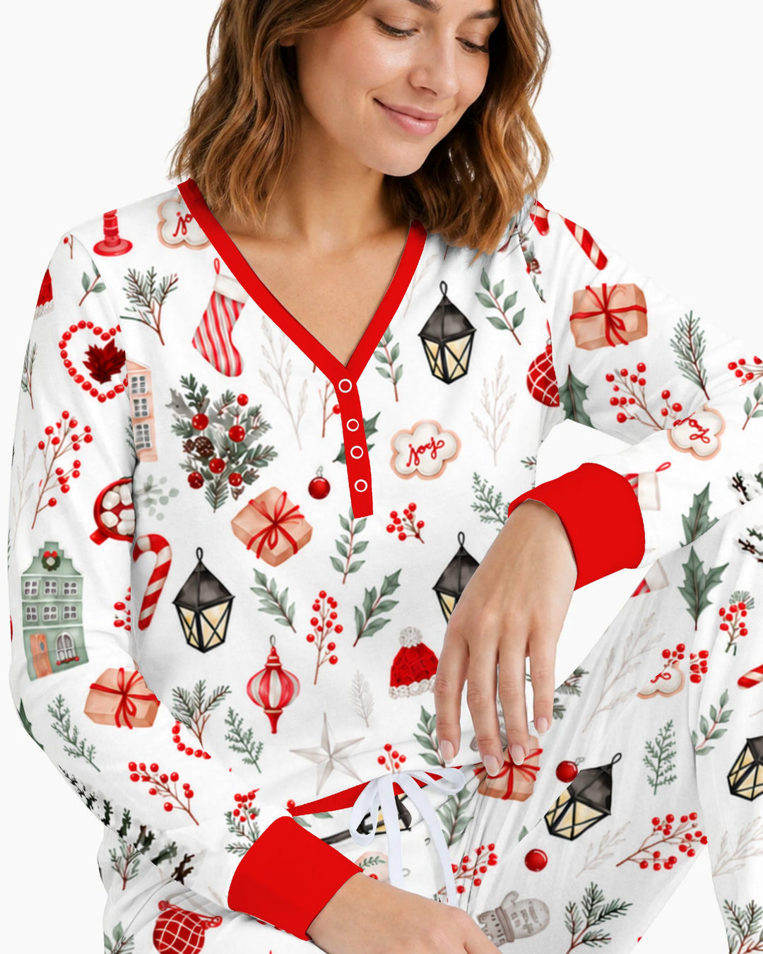 Traditional Watercolor Christmas Decorations Bamboo Women Pajama Set