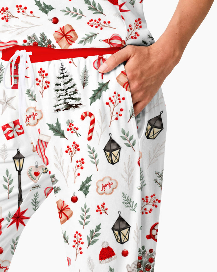 Traditional Watercolor Christmas Decorations Bamboo Women Pajama Set