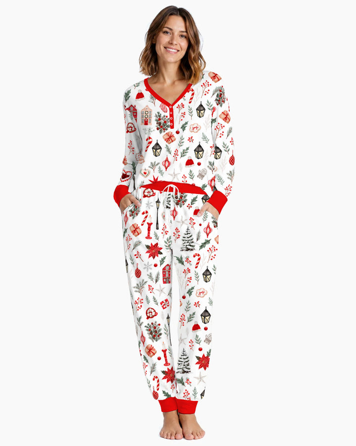 Traditional Watercolor Christmas Decorations Bamboo Women Pajama Set
