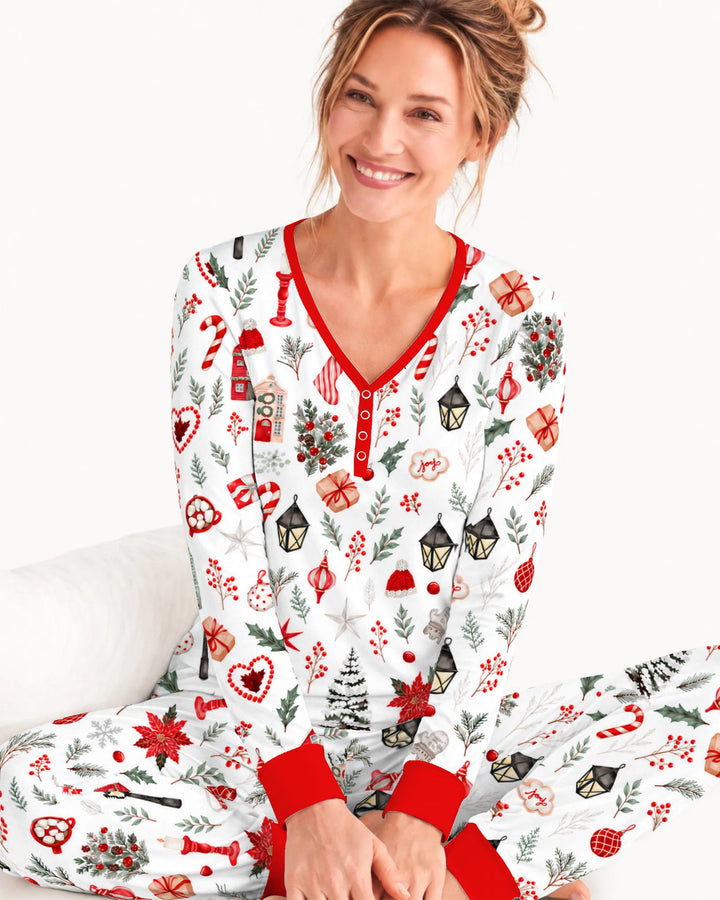 Traditional Watercolor Christmas Decorations Bamboo Women Pajama Set
