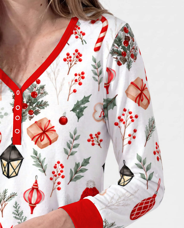Traditional Watercolor Christmas Decorations Bamboo Women Pajama Set