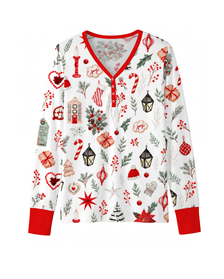 Traditional Watercolor Christmas Decorations Bamboo Women Pajama Set