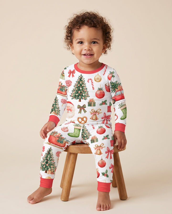 Vintage Christmas Santa and Holiday Icons Bamboo Two Piece Long Sleeve Pajama Set