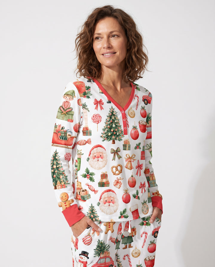 Vintage Christmas Santa and Holiday Icons Bamboo Women Pajama Set