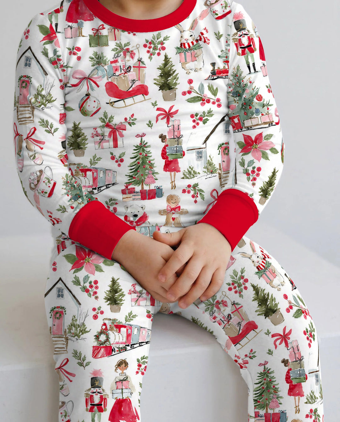 Pink Christmas Nutcracker and Winter Village Bamboo Two Piece Long Sleeve Pajama Set