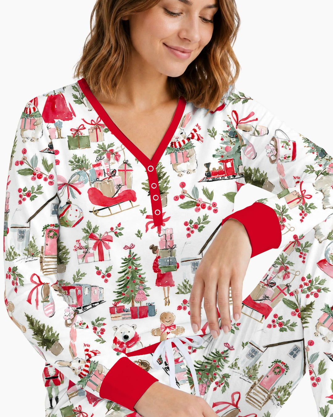 Pink Christmas Nutcracker and Winter Village Bamboo Women Pajama Set