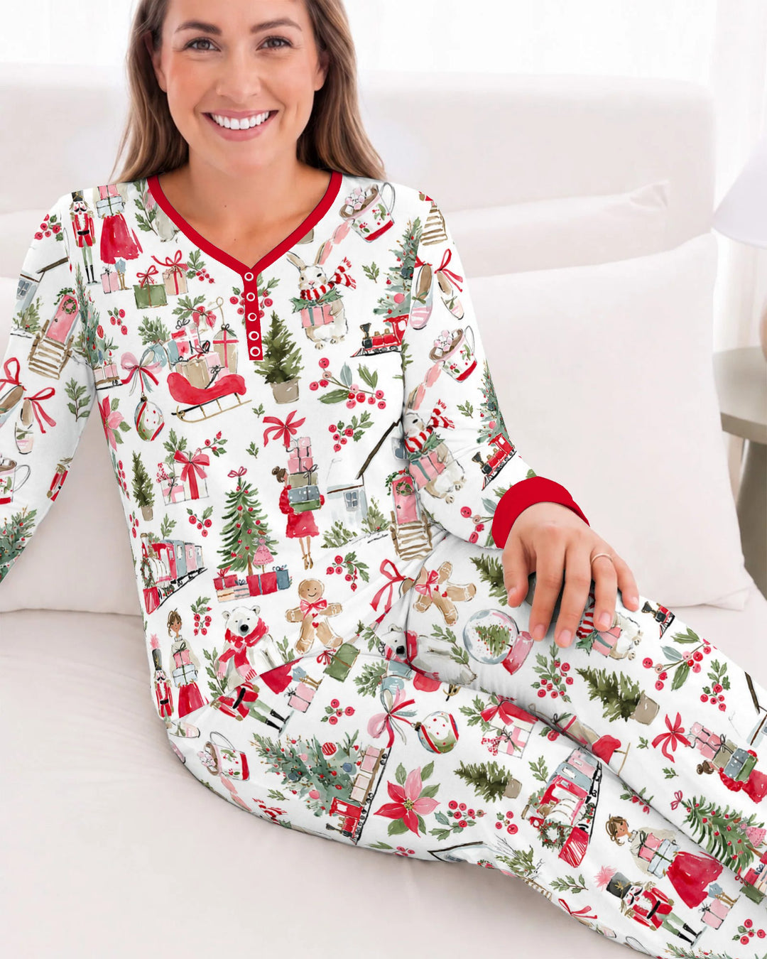 Pink Christmas Nutcracker and Winter Village Bamboo Women Pajama Set