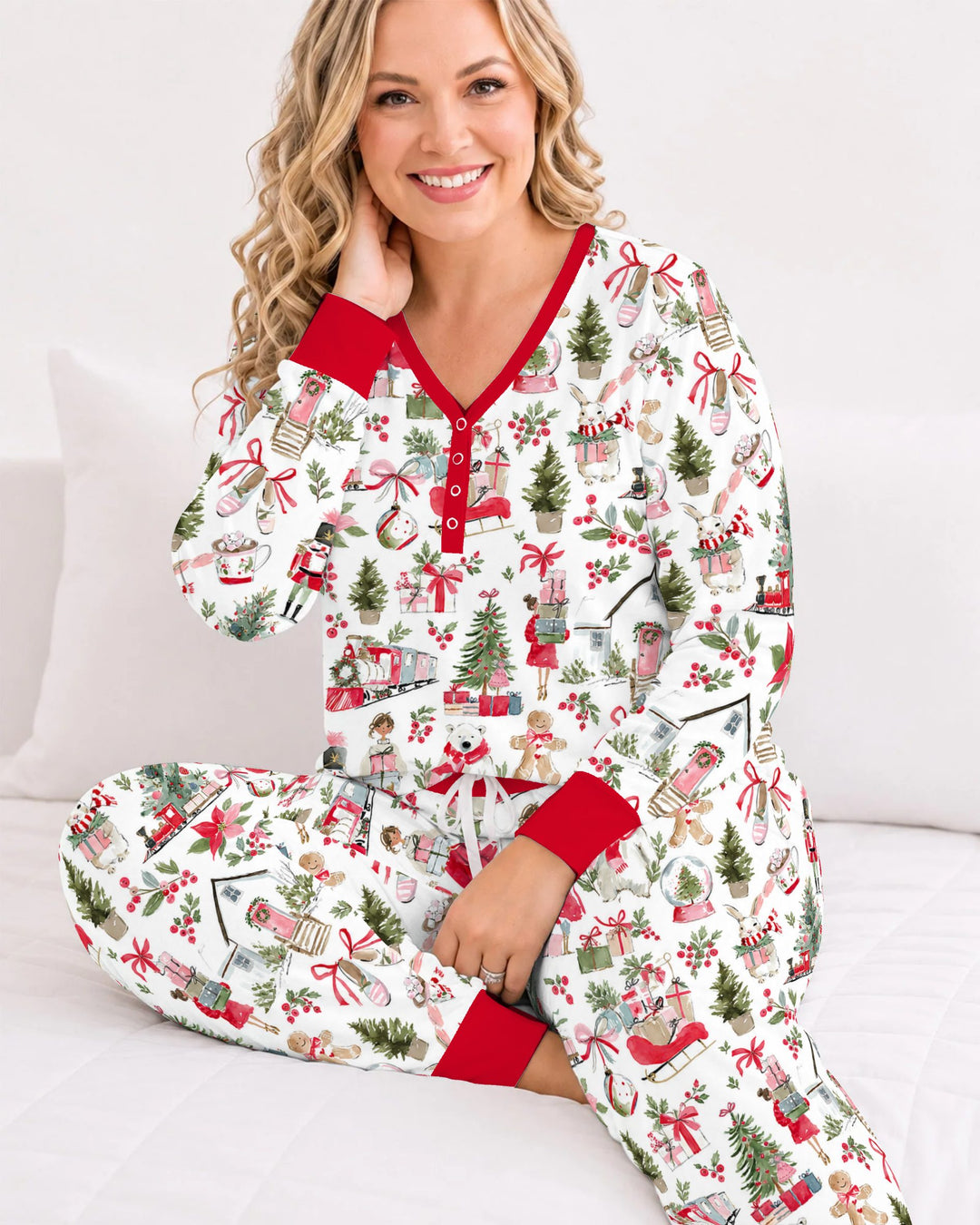 Pink Christmas Nutcracker and Winter Village Bamboo Women Pajama Set