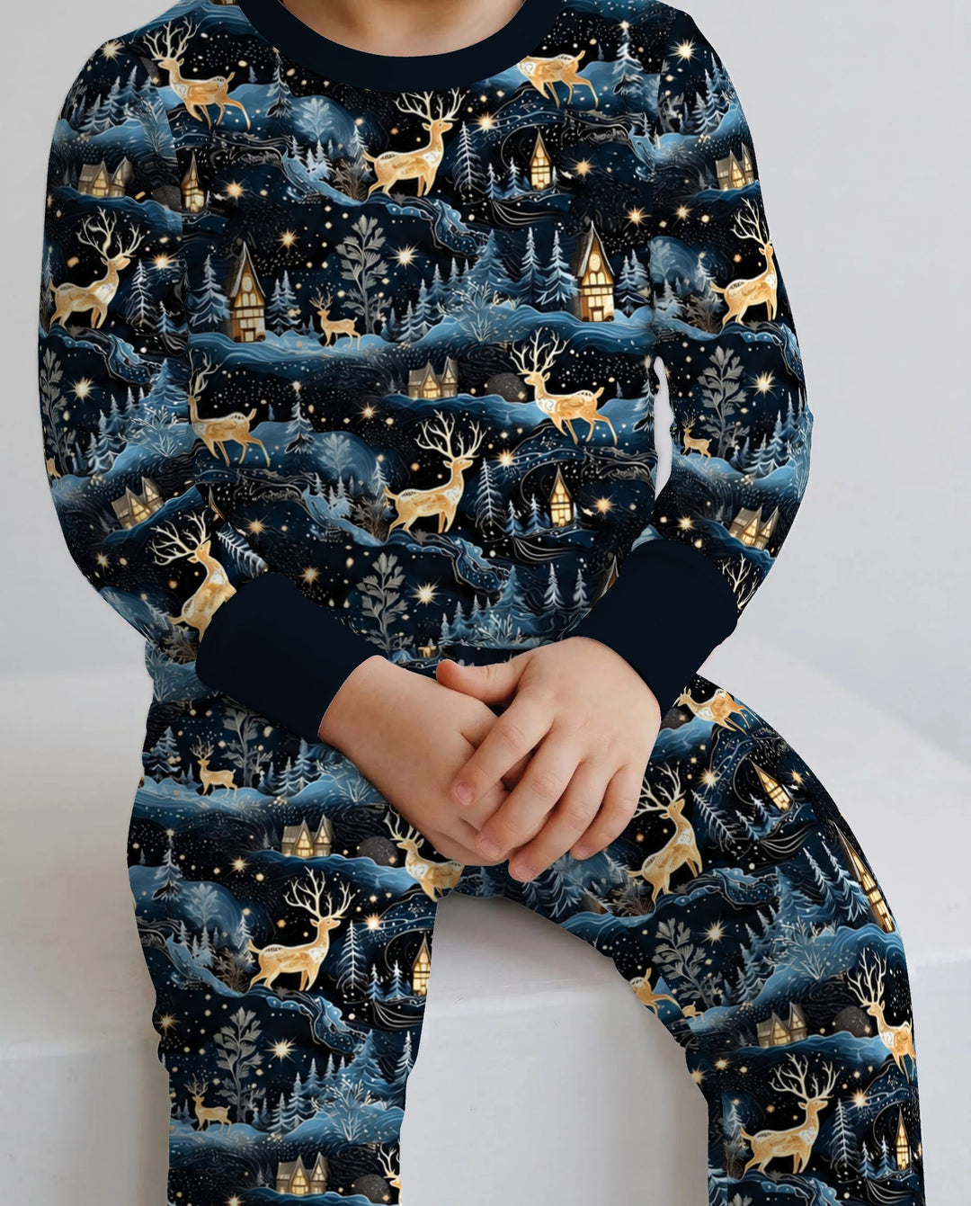 Magical Midnight Blue Winter Deer Forest Bamboo Two Piece Long Sleeve Pajama Set