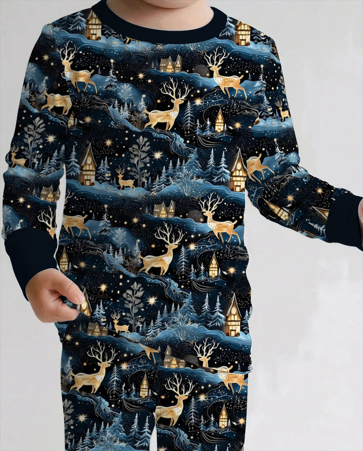 Magical Midnight Blue Winter Deer Forest Bamboo Two Piece Long Sleeve Pajama Set