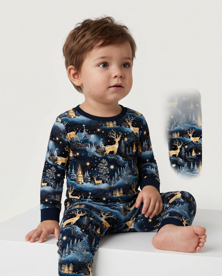 Magical Midnight Blue Winter Deer Forest Bamboo Two Piece Long Sleeve Pajama Set