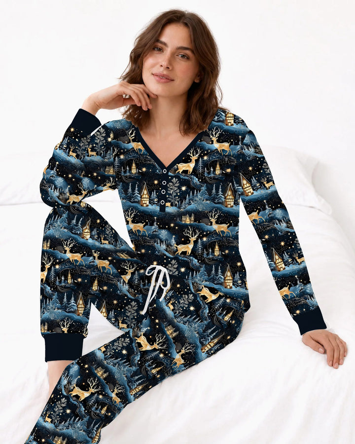 Magical Midnight Blue Winter Deer Forest Bamboo Women Pajama Set