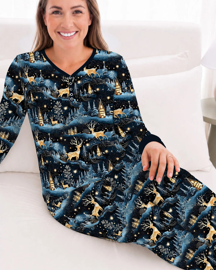 Magical Midnight Blue Winter Deer Forest Bamboo Women Pajama Set