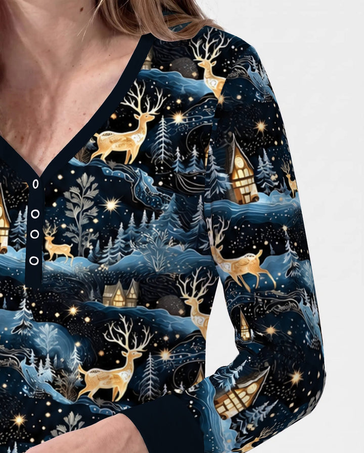 Magical Midnight Blue Winter Deer Forest Bamboo Women Pajama Set