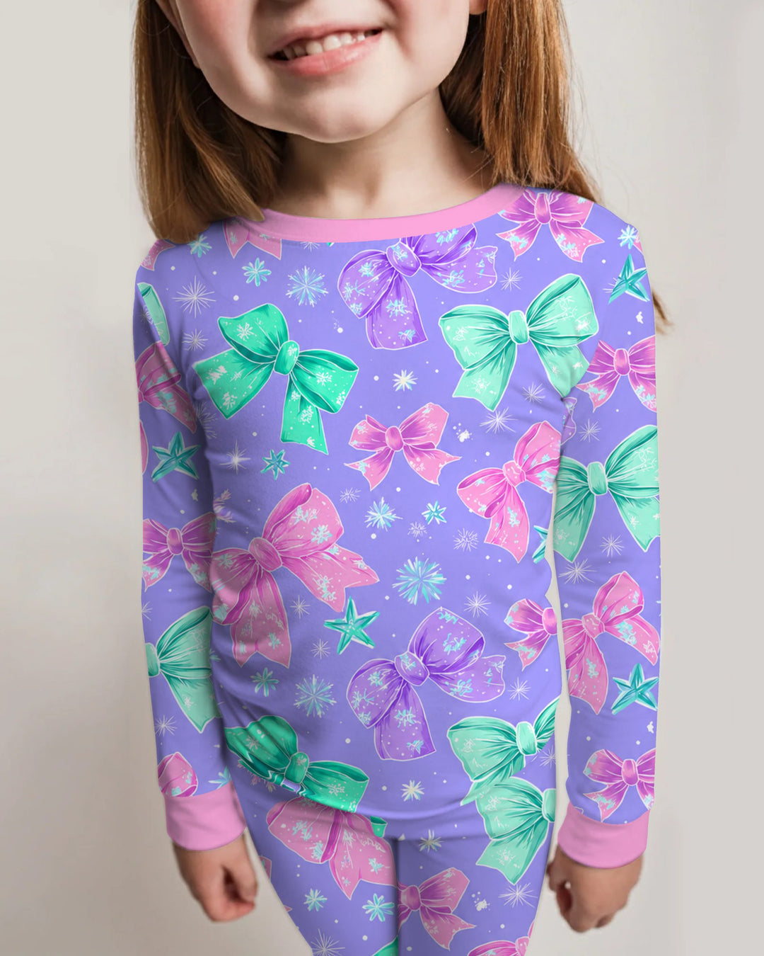 Pastel Coquette Christmas Bows and Snowflakes Bamboo Two Piece Long Sleeve Pajama Set