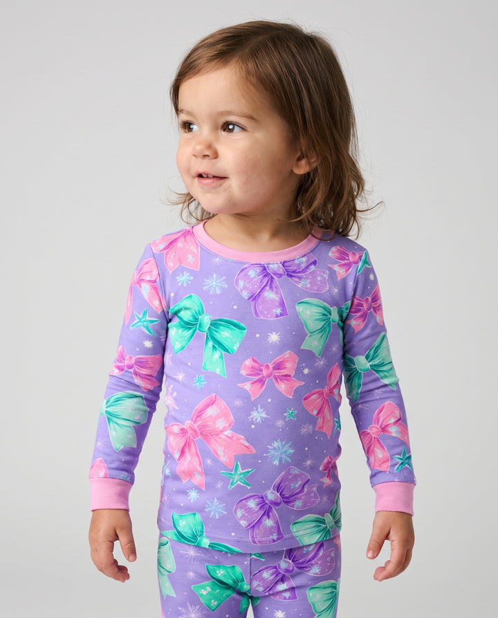 Pastel Coquette Christmas Bows and Snowflakes Bamboo Two Piece Long Sleeve Pajama Set