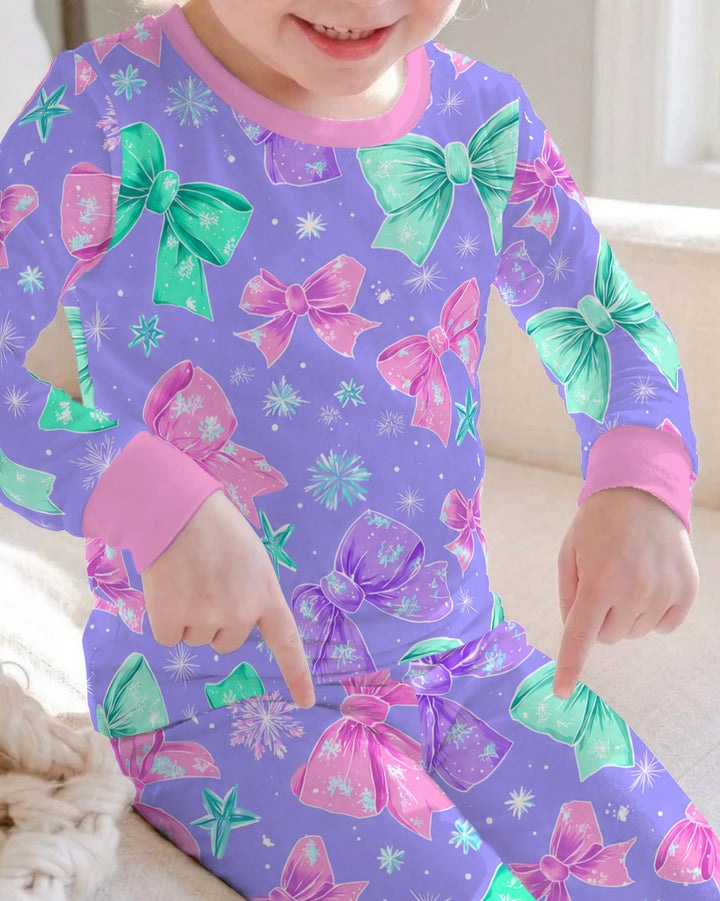 Pastel Coquette Christmas Bows and Snowflakes Bamboo Two Piece Long Sleeve Pajama Set
