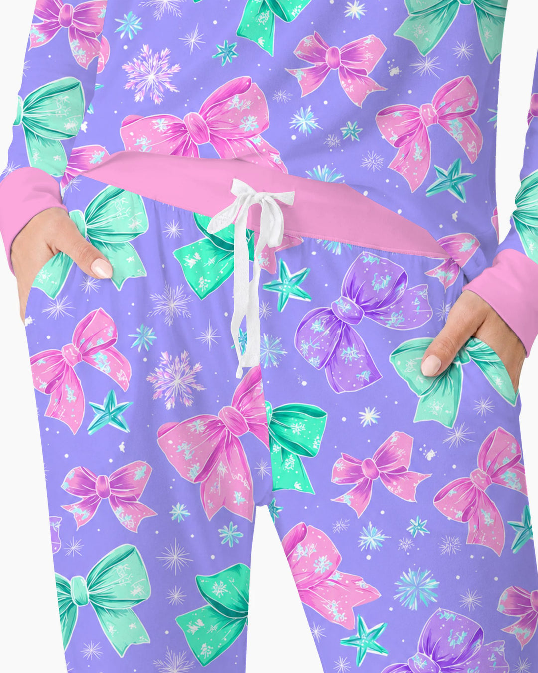 Pastel Coquette Christmas Bows and Snowflakes Bamboo Women Pajama Set