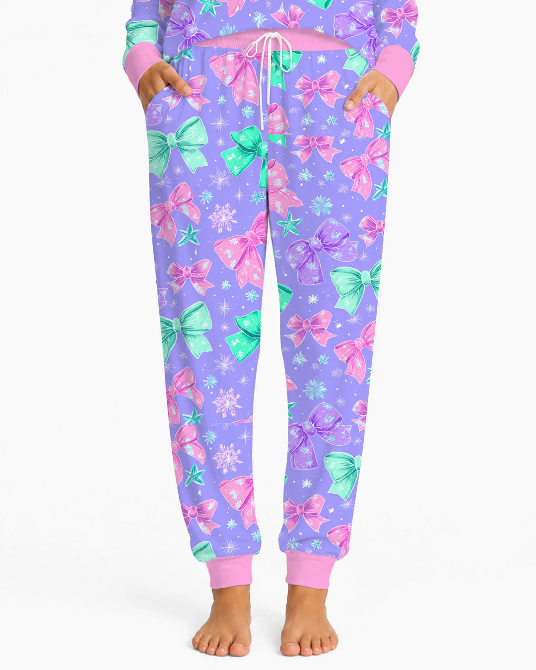 Pastel Coquette Christmas Bows and Snowflakes Bamboo Women Pajama Set