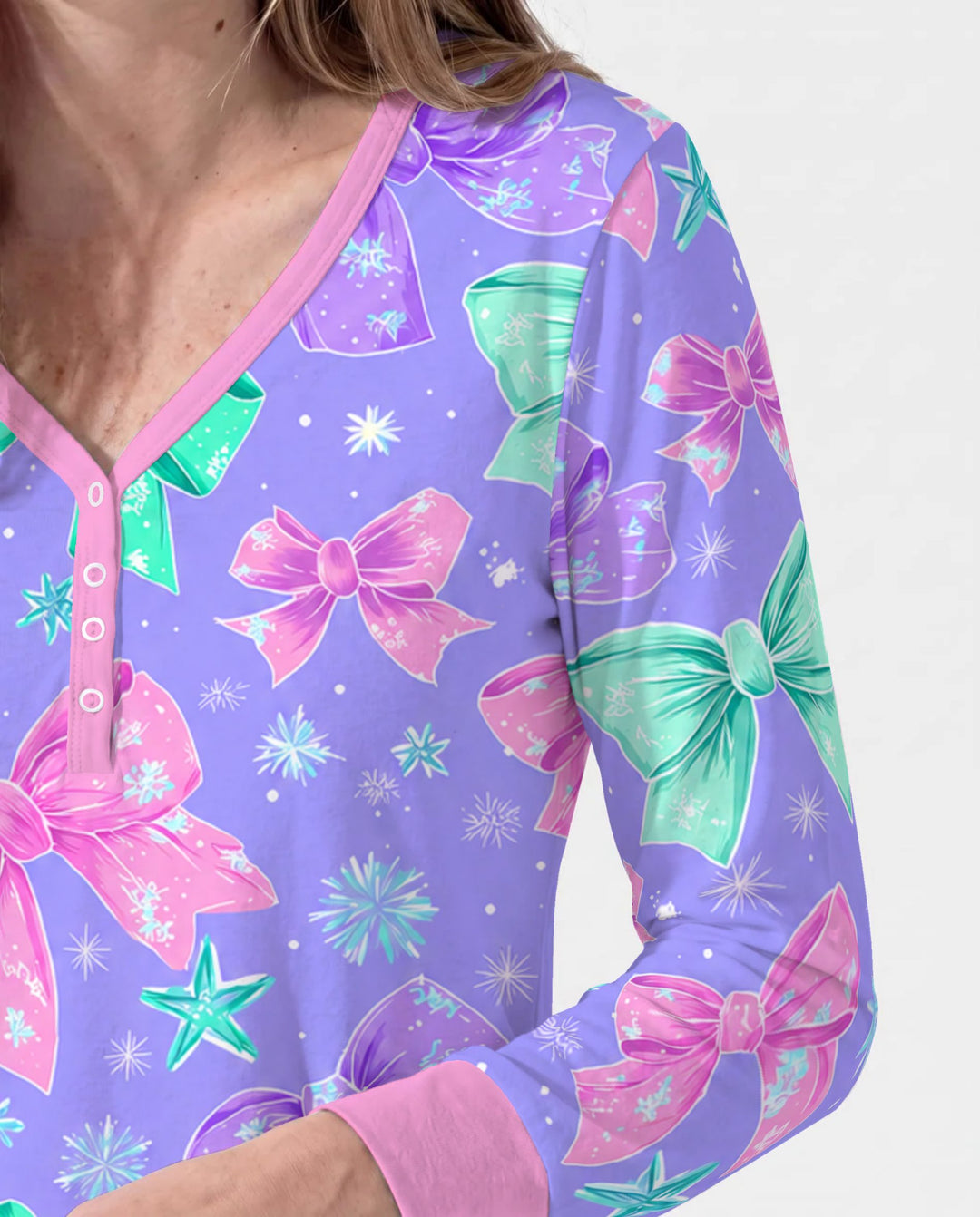 Pastel Coquette Christmas Bows and Snowflakes Bamboo Women Pajama Set