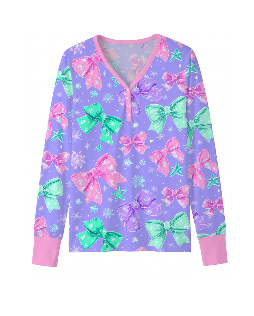 Pastel Coquette Christmas Bows and Snowflakes Bamboo Women Pajama Set