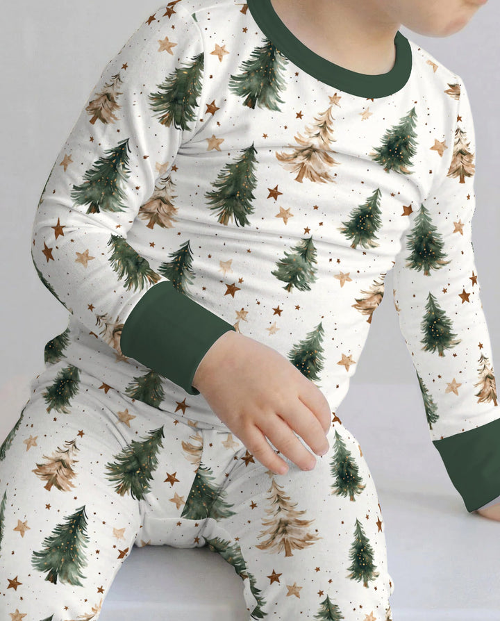 Rustic Watercolor Christmas Tree Stars Bamboo Two Piece Long Sleeve Pajama Set