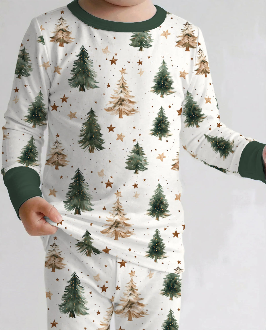 Rustic Watercolor Christmas Tree Stars Bamboo Two Piece Long Sleeve Pajama Set