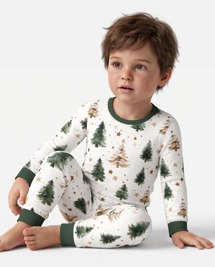 Rustic Watercolor Christmas Tree Stars Bamboo Two Piece Long Sleeve Pajama Set
