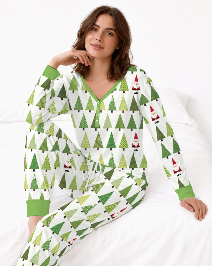 Retro Green Christmas Tree and Santa Rows Bamboo Women Pajama Set