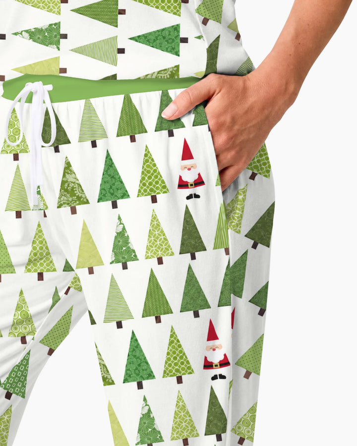 Retro Green Christmas Tree and Santa Rows Bamboo Women Pajama Set