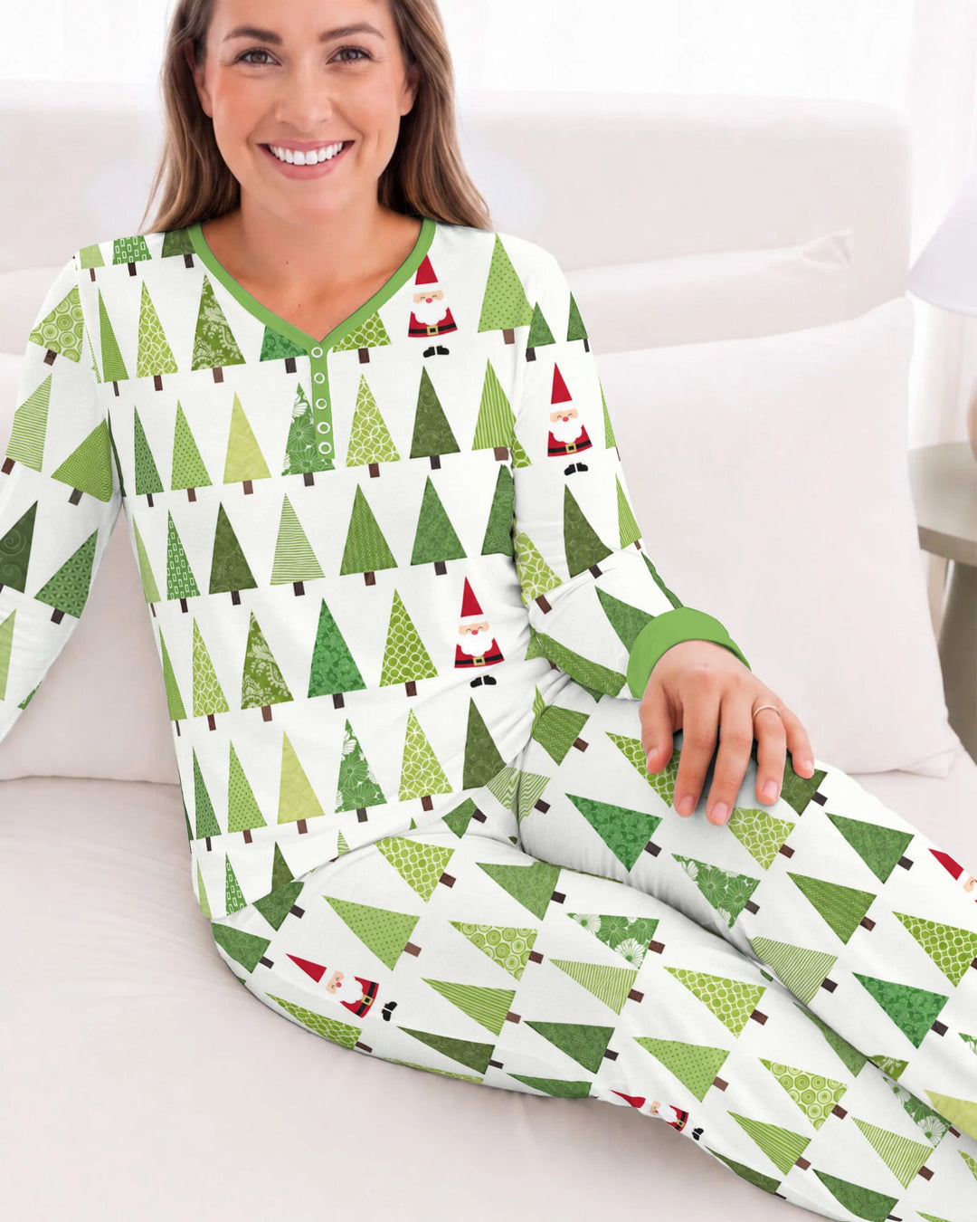 Retro Green Christmas Tree and Santa Rows Bamboo Women Pajama Set