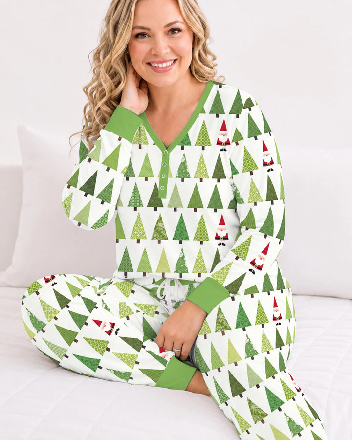 Retro Green Christmas Tree and Santa Rows Bamboo Women Pajama Set